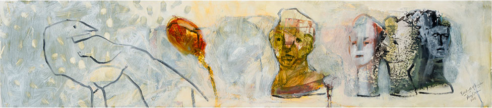 Bird with Four Heads, 2015, Oil on Yupo, 8.25” x 37”