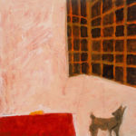 Red Table with Dog, 2013, Oil and ink on gessoboard, 10” x 10”