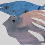 Think Whale, 2023, Collage: Oil on Yupo, stainless steel staples, 9" x 12"