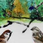Two Sparrows, 2025, Oil and graphite on Yupo, 40" x 78"
